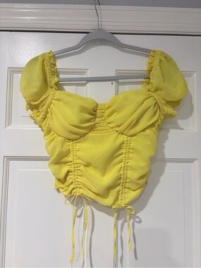 Love Tree Bright Yellow Ruched Puff Sleeve Crop Top